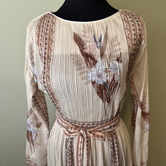 Vintage Hal Ferman Dress 1970s Boho Cream Brown Floral Sheer Long Sleeve Size 8 - Picture 2 of 10